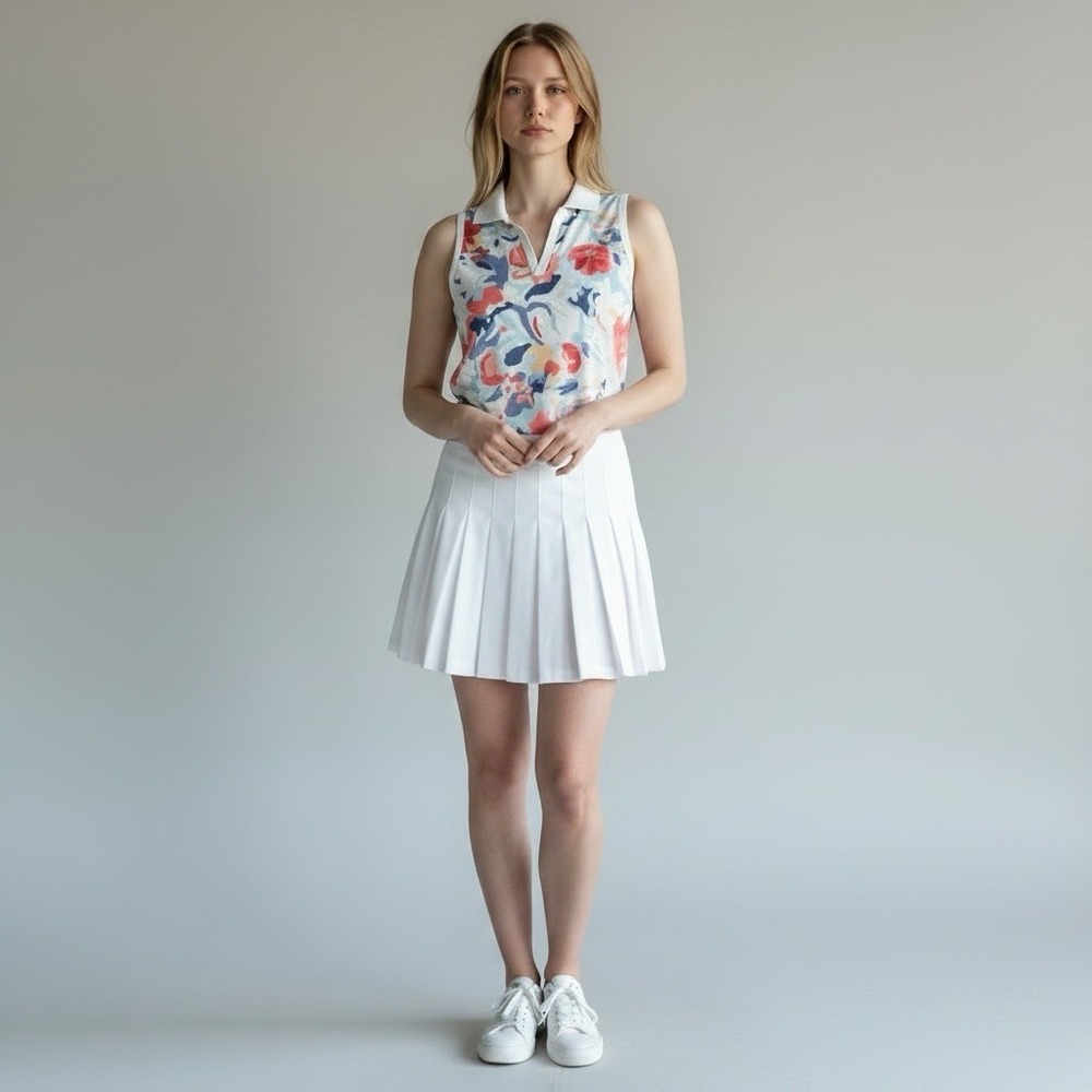 Walter Hagen Womens P11 Sleeveless Johnny Polo Shirt White Gouache Floral XSmall